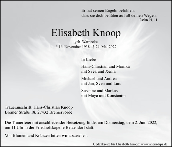Anzeige von Elisabeth Knoop von LZ