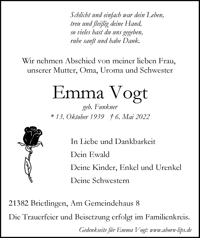  Traueranzeige für Emma Vogt vom 11.05.2022 aus LZ