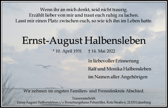 Anzeige von Ernst-August Halbensleben von LZ