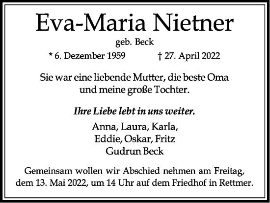 Anzeige von Eva-Maria Nietner von LZ