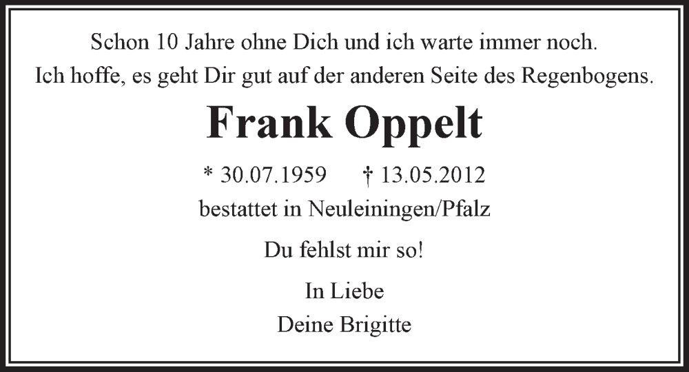  Traueranzeige für Frank Oppelt vom 13.05.2022 aus LZ