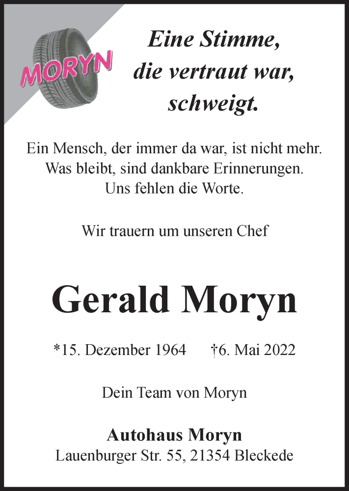  Traueranzeige für Gerald Moryn vom 10.05.2022 aus LZ