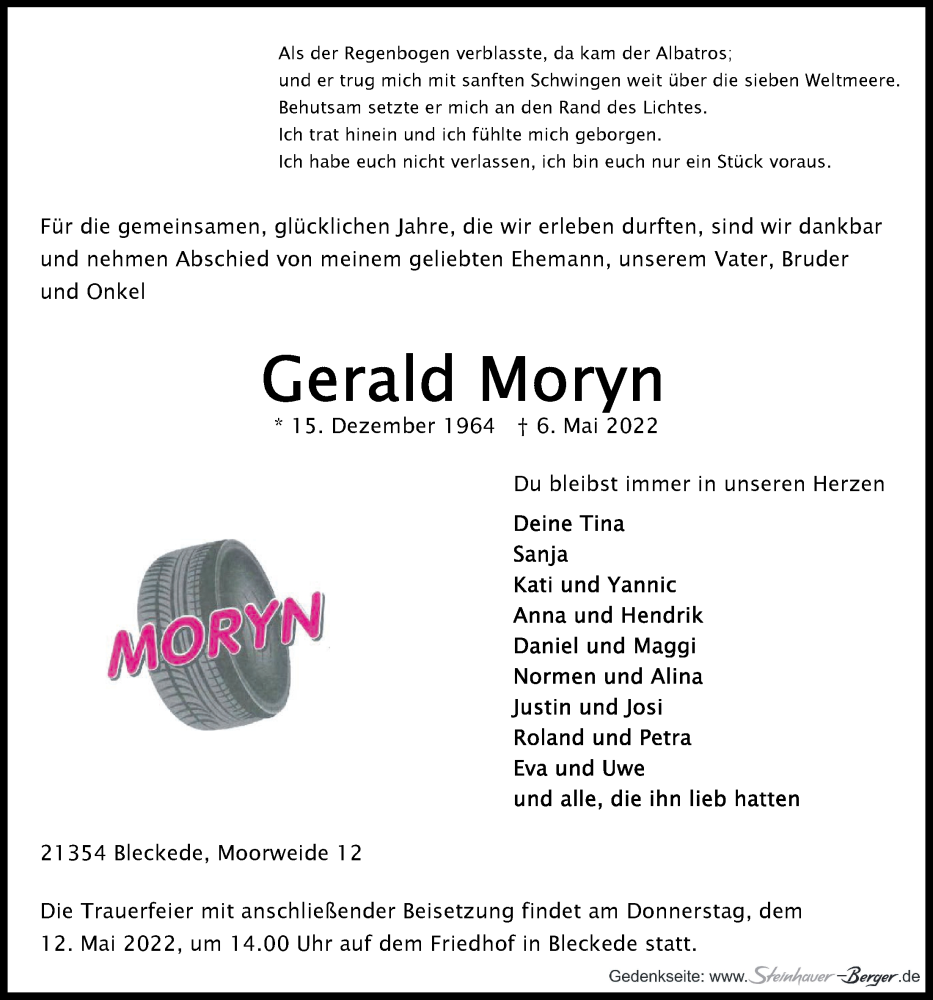  Traueranzeige für Gerald Moryn vom 07.05.2022 aus LZ