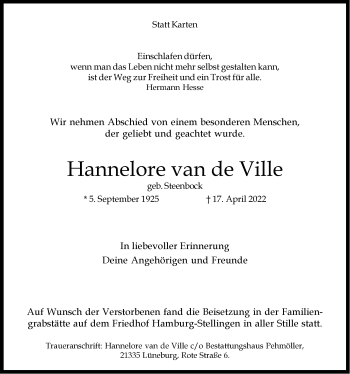 Anzeige von Hannelore van de Ville von LZ