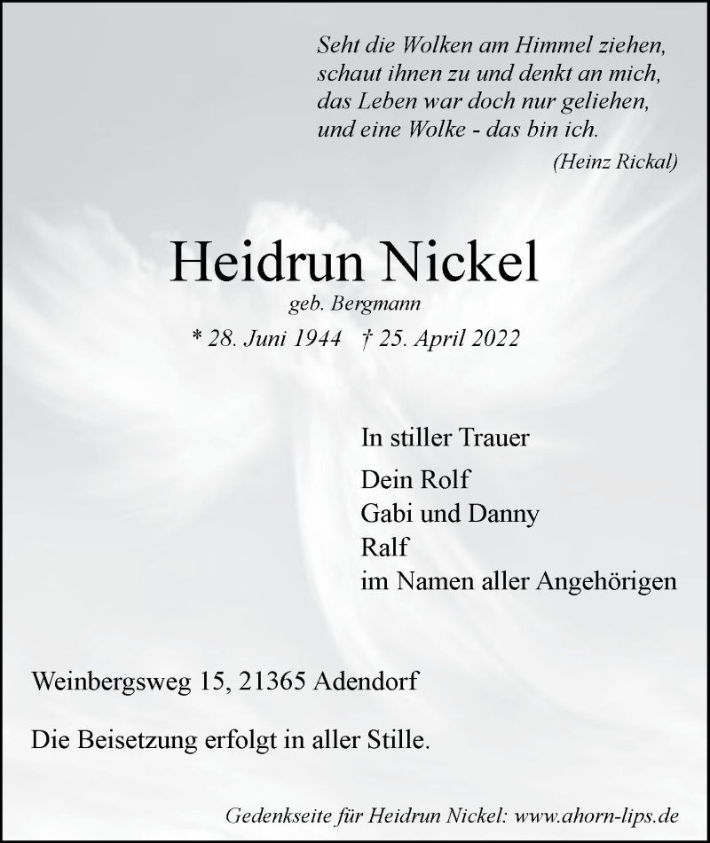  Traueranzeige für Heidrun Nickel vom 30.04.2022 aus LZ