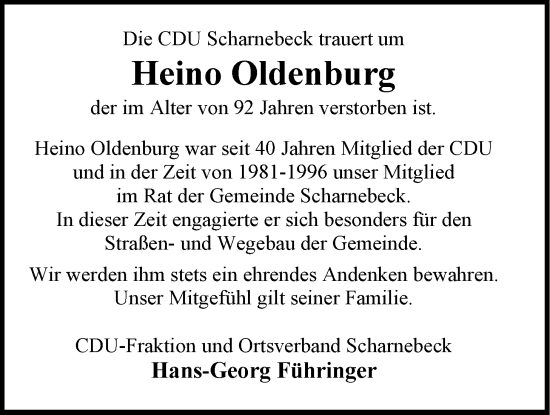 Anzeige von Heino Oldenburg von LZ