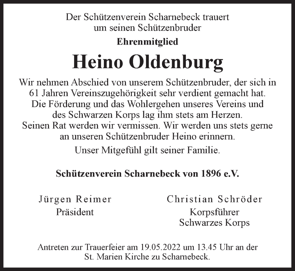  Traueranzeige für Heino Oldenburg vom 18.05.2022 aus LZ