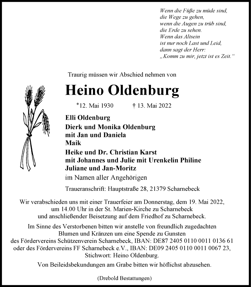  Traueranzeige für Heino Oldenburg vom 16.05.2022 aus LZ