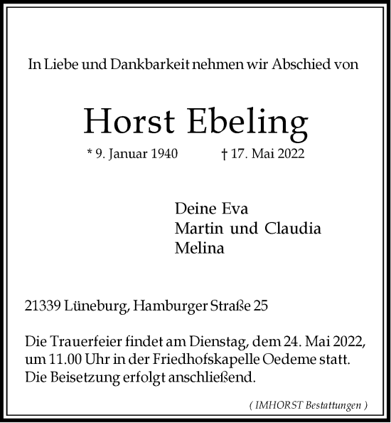Anzeige von Horst Ebeling von LZ