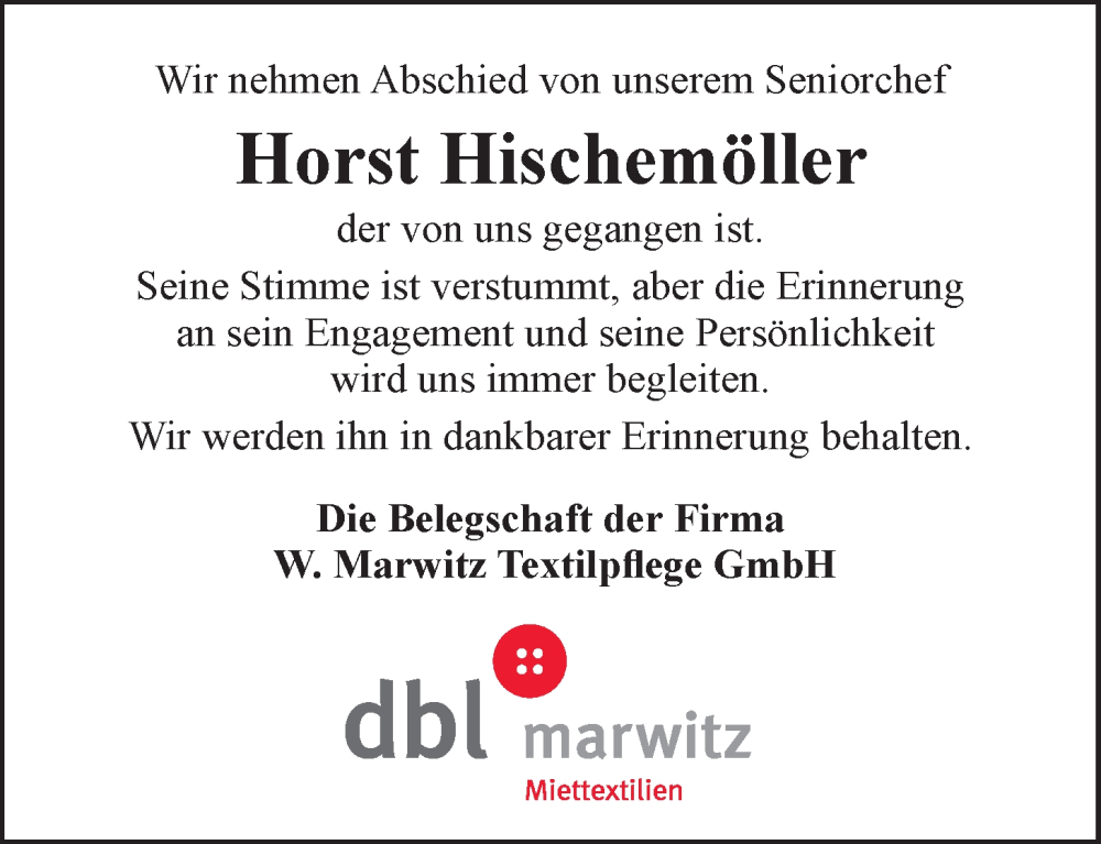  Traueranzeige für Horst Hischemöller vom 28.05.2022 aus LZ