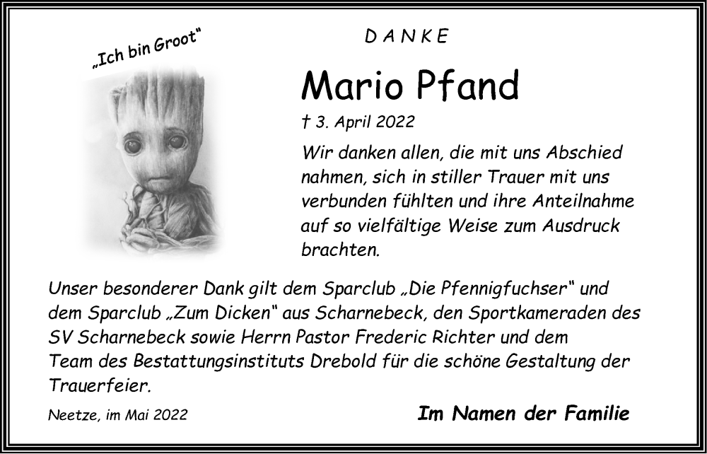  Traueranzeige für Mario Pfand vom 14.05.2022 aus LZ