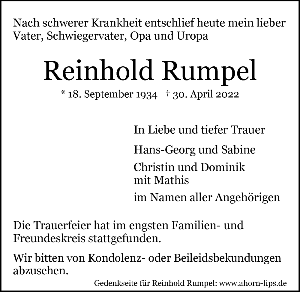  Traueranzeige für Reinhold Rumpel vom 11.05.2022 aus LZ