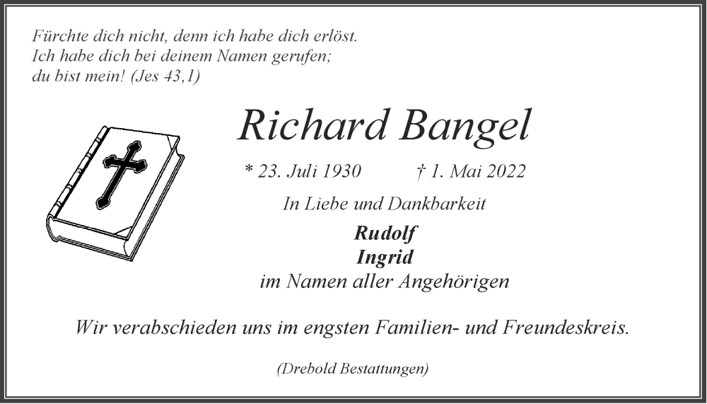 Traueranzeige für Richard Baugel vom 04.05.2022 aus LZ
