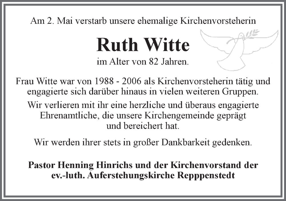  Traueranzeige für Ruth Witte vom 14.05.2022 aus LZ