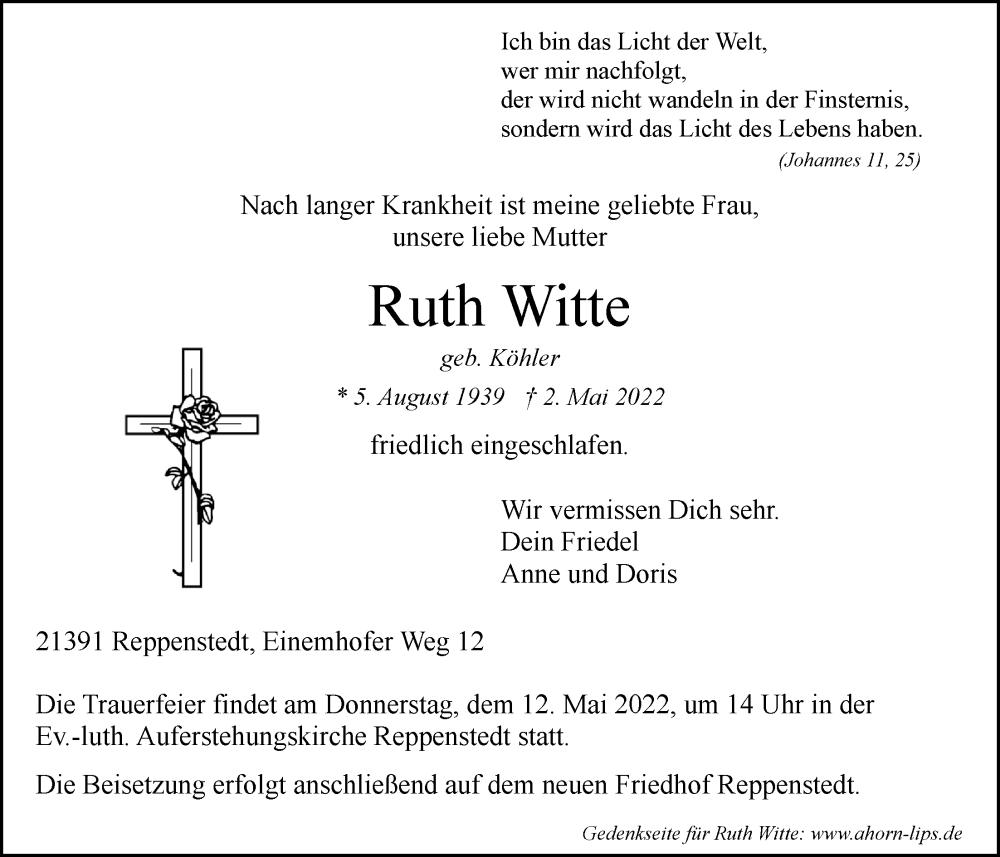  Traueranzeige für Ruth Witte vom 07.05.2022 aus LZ