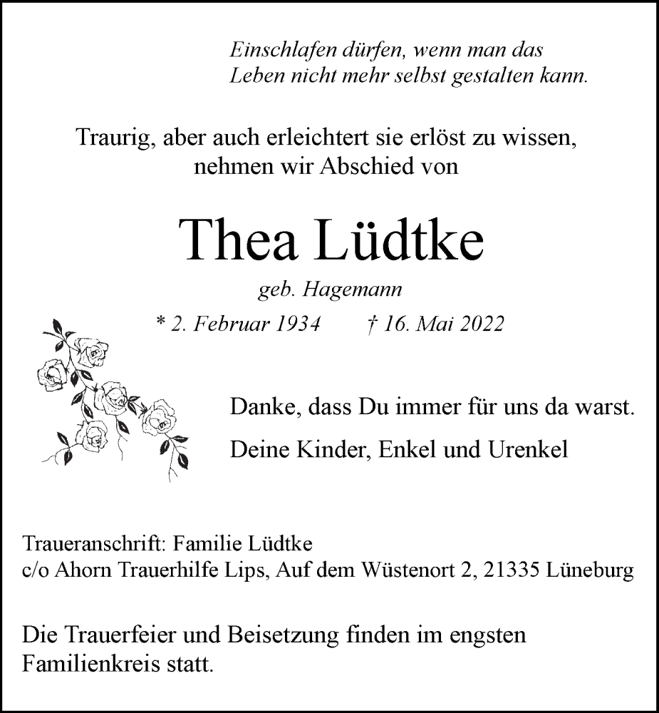  Traueranzeige für Thea Lüdtke vom 21.05.2022 aus LZ