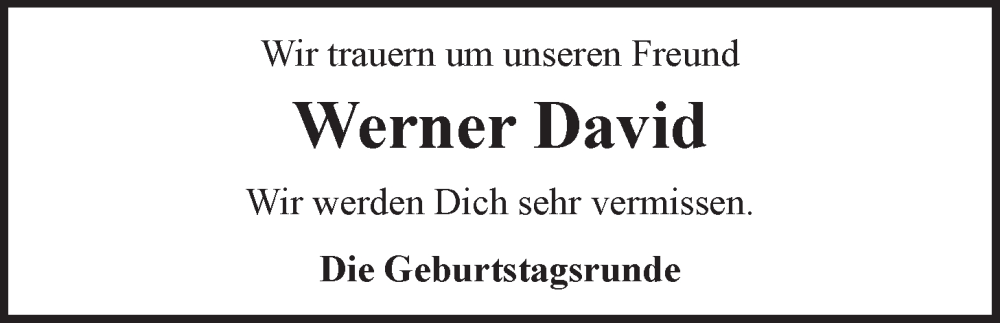  Traueranzeige für Werner David vom 07.05.2022 aus LZ