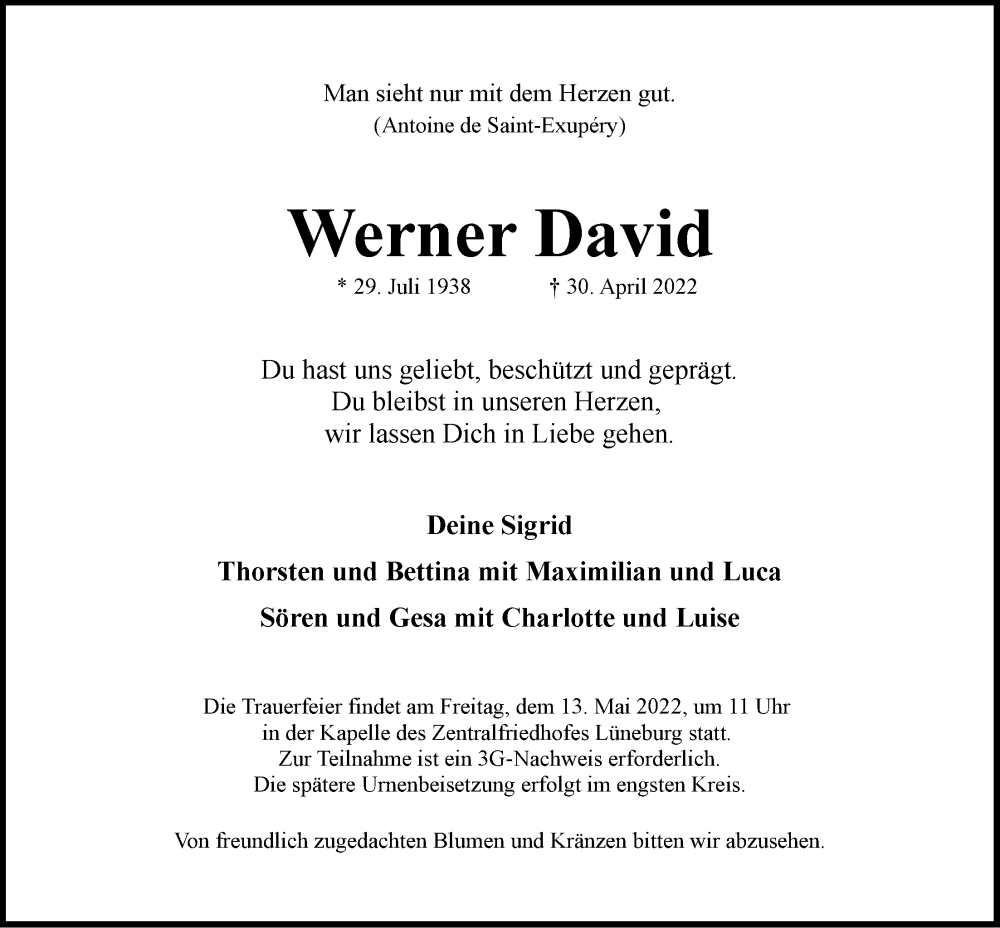  Traueranzeige für Werner David vom 07.05.2022 aus LZ