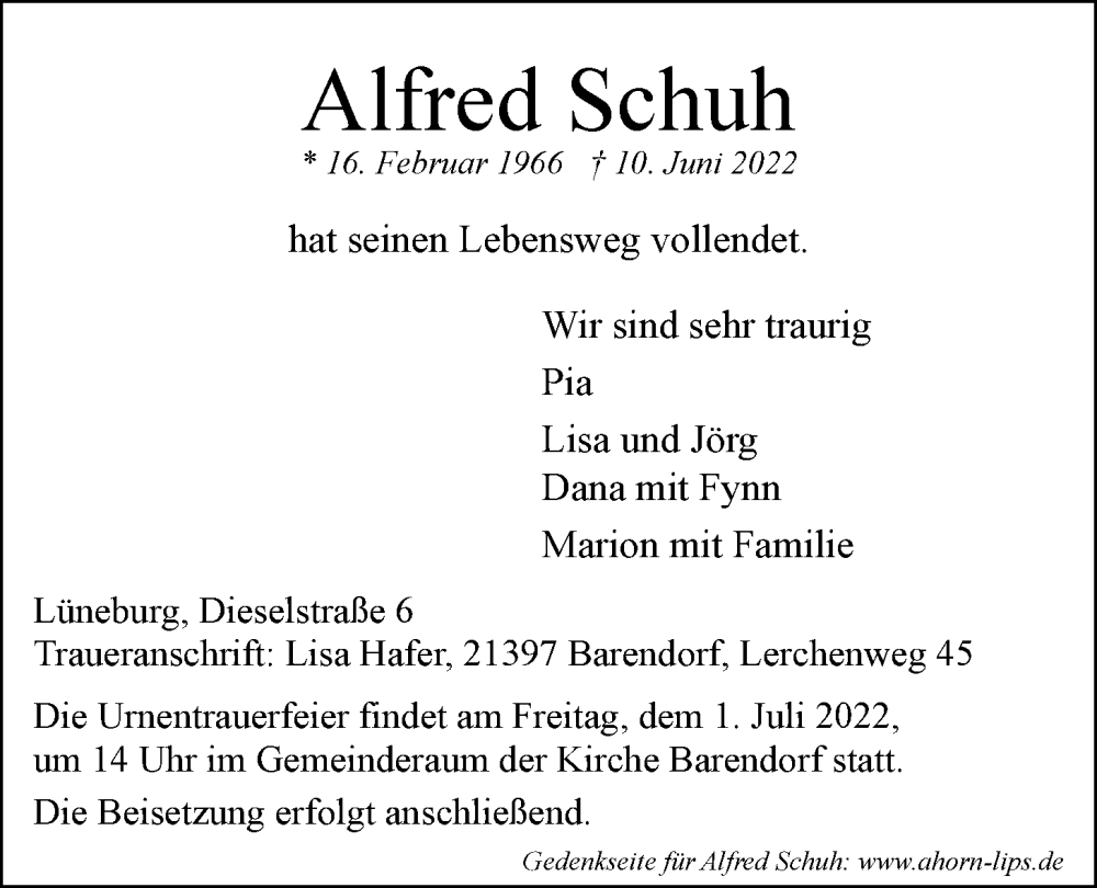  Traueranzeige für Alfred Schuh vom 25.06.2022 aus LZ