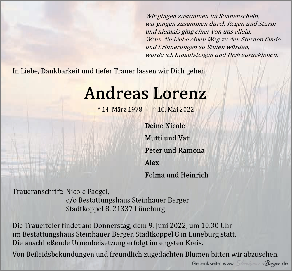  Traueranzeige für Andreas Lorenz vom 04.06.2022 aus LZ