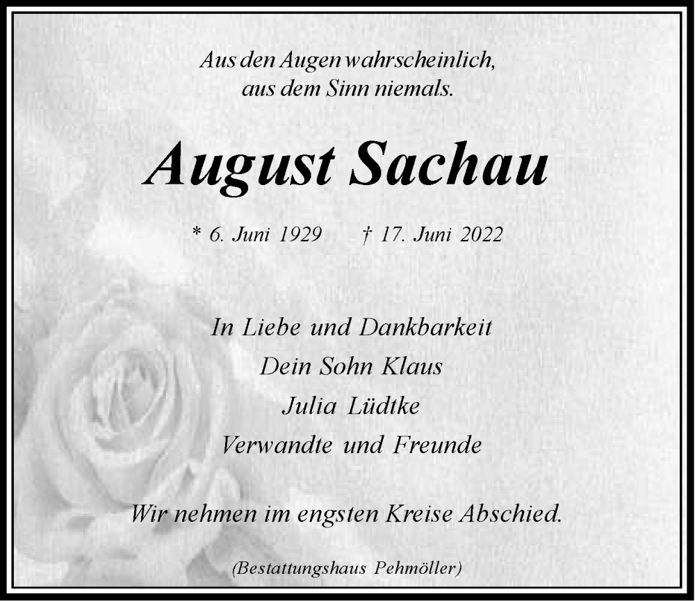  Traueranzeige für August Sachau vom 22.06.2022 aus LZ