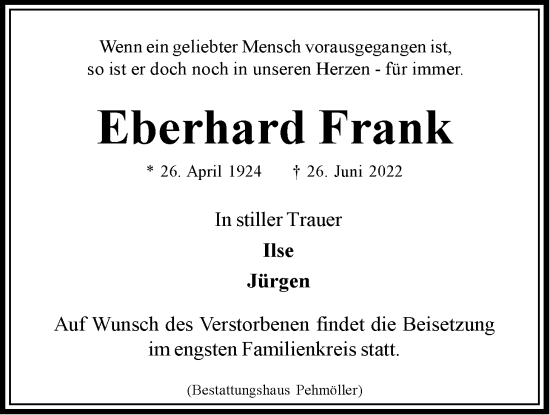 Anzeige von Eberhard Frank von LZ