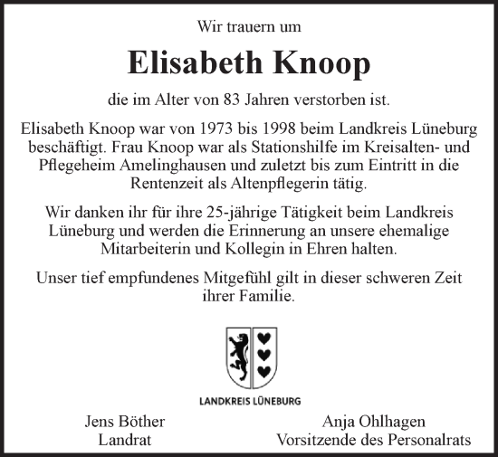 Anzeige von Elisabeth Knoop von LZ