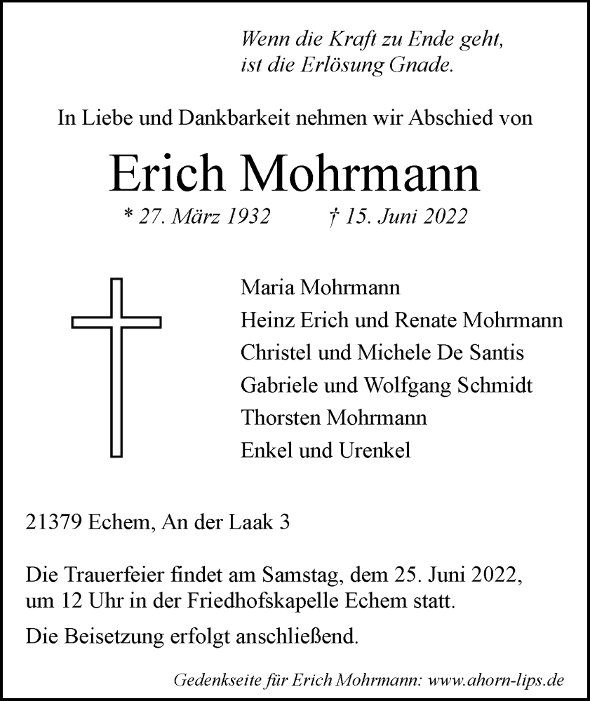  Traueranzeige für Erich Mohrmann vom 18.06.2022 aus LZ