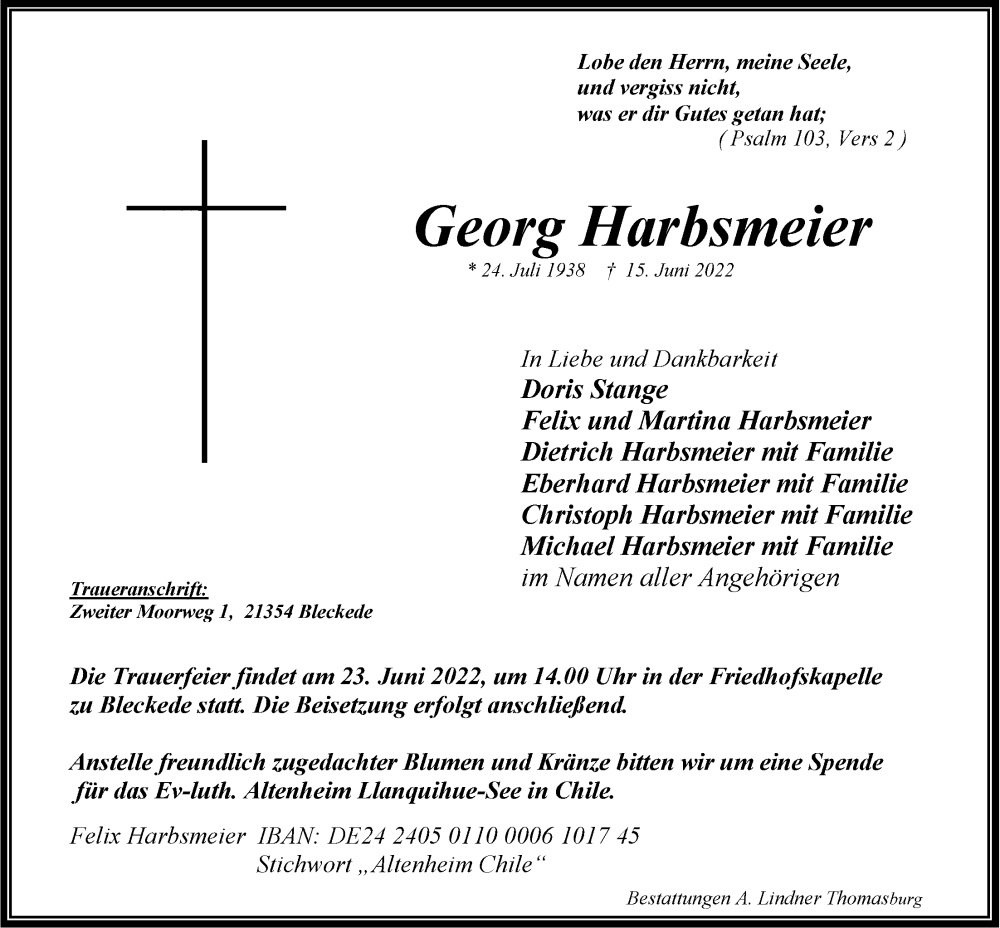  Traueranzeige für Georg Harbsmeier vom 17.06.2022 aus LZ