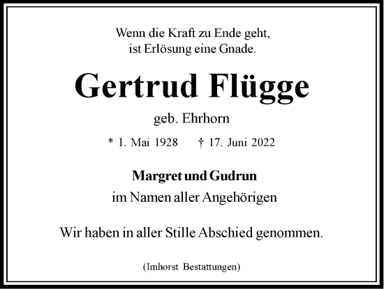 Anzeige von Gertrud Flügge von LZ