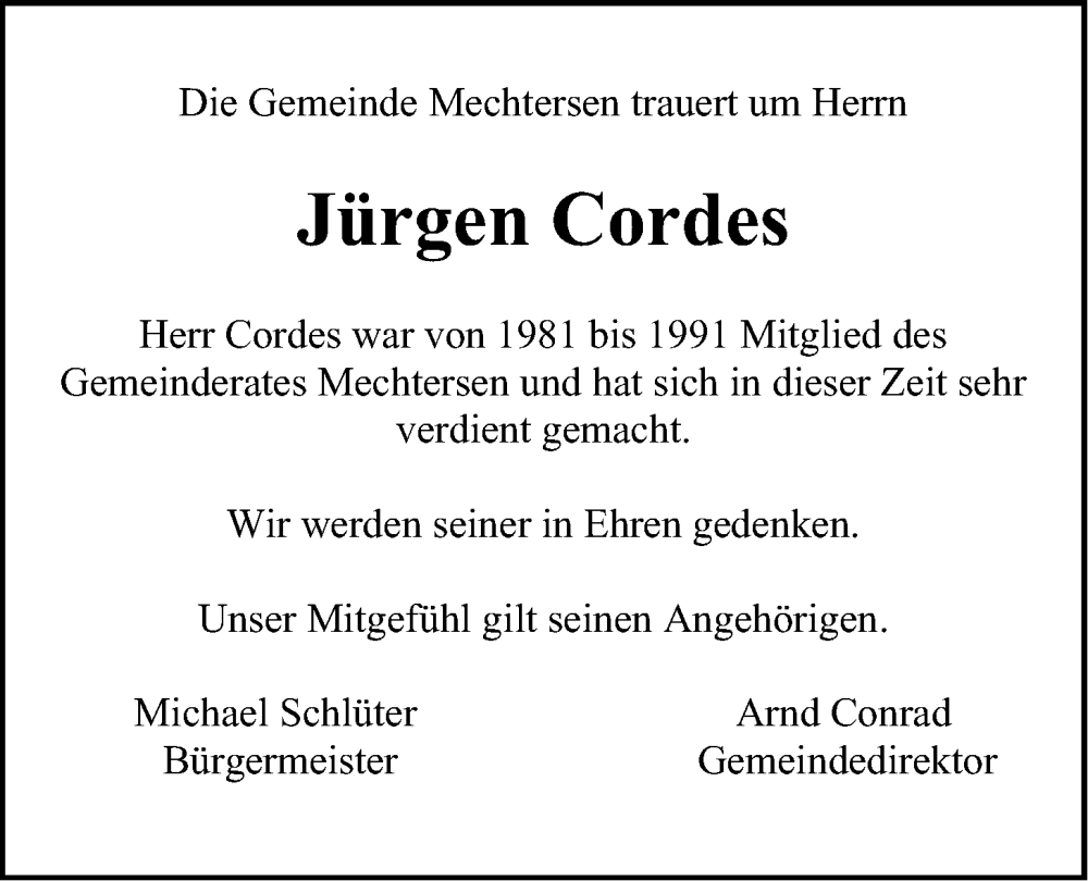  Traueranzeige für Jürgen Cordes vom 25.06.2022 aus LZ