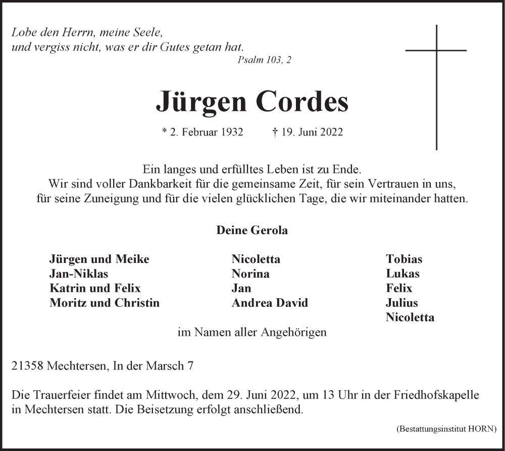  Traueranzeige für Jürgen Cordes vom 25.06.2022 aus LZ