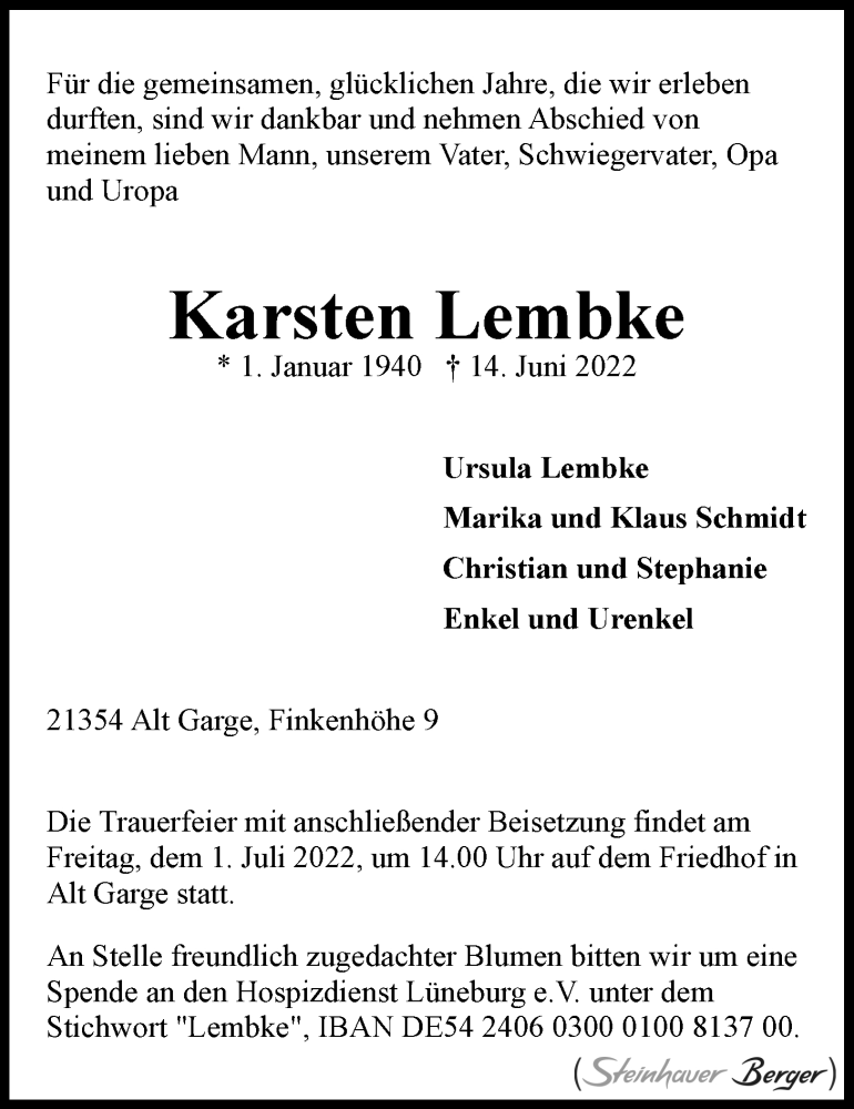  Traueranzeige für Karsten Lembke vom 18.06.2022 aus LZ