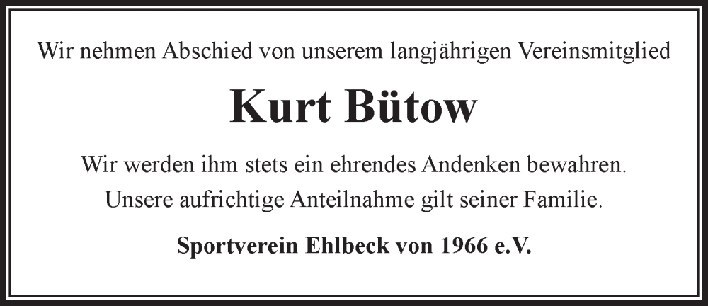  Traueranzeige für Kurt Bütow vom 15.06.2022 aus LZ