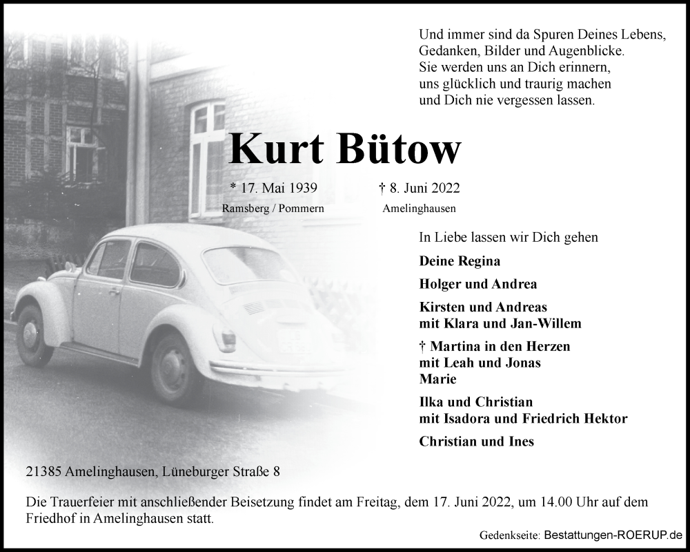  Traueranzeige für Kurt Bütow vom 15.06.2022 aus LZ