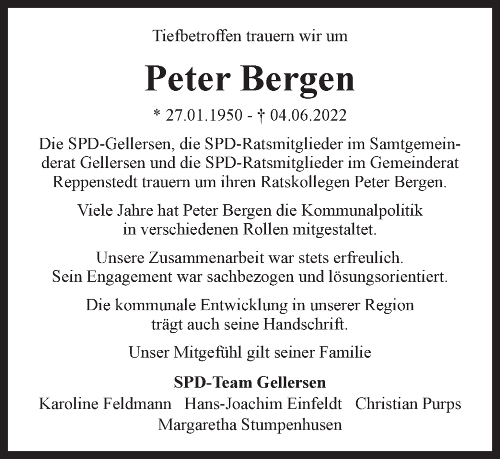  Traueranzeige für Peter Bergen vom 11.06.2022 aus LZ