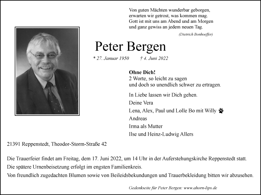  Traueranzeige für Peter Bergen vom 11.06.2022 aus LZ