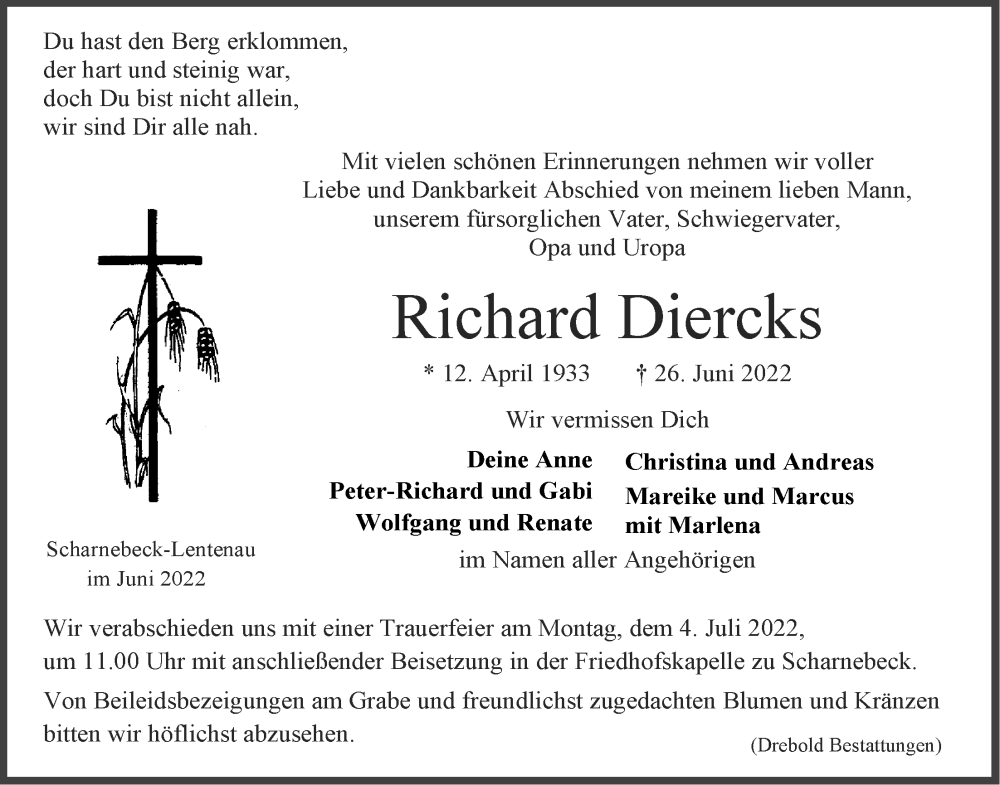  Traueranzeige für Richard Diercks vom 29.06.2022 aus LZ