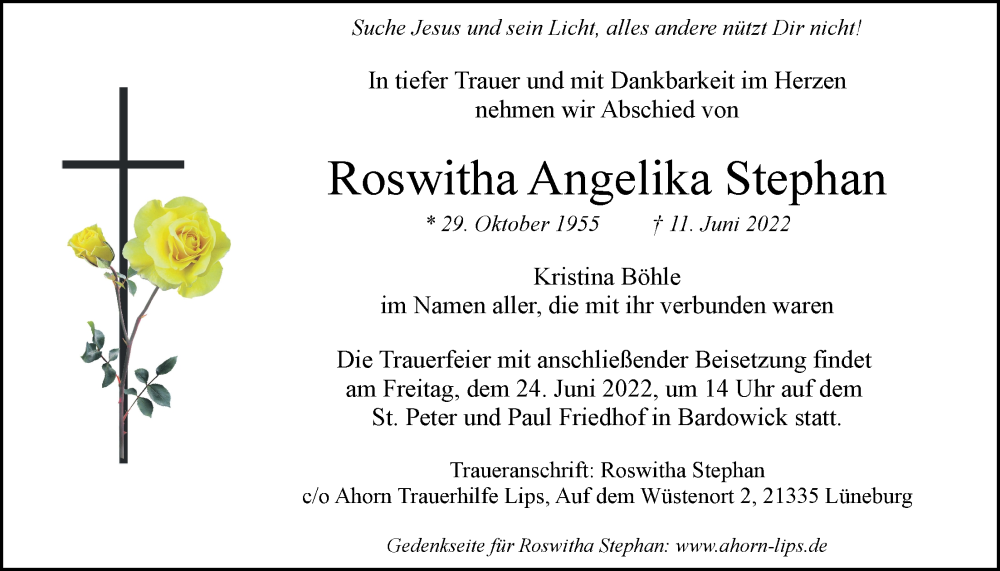  Traueranzeige für Roswitha Angelika Stephan vom 18.06.2022 aus LZ