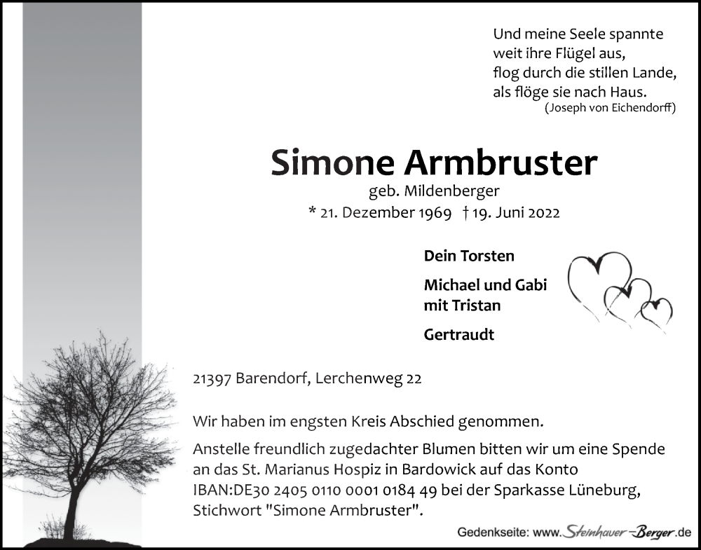  Traueranzeige für Simone Armbruster vom 25.06.2022 aus LZ