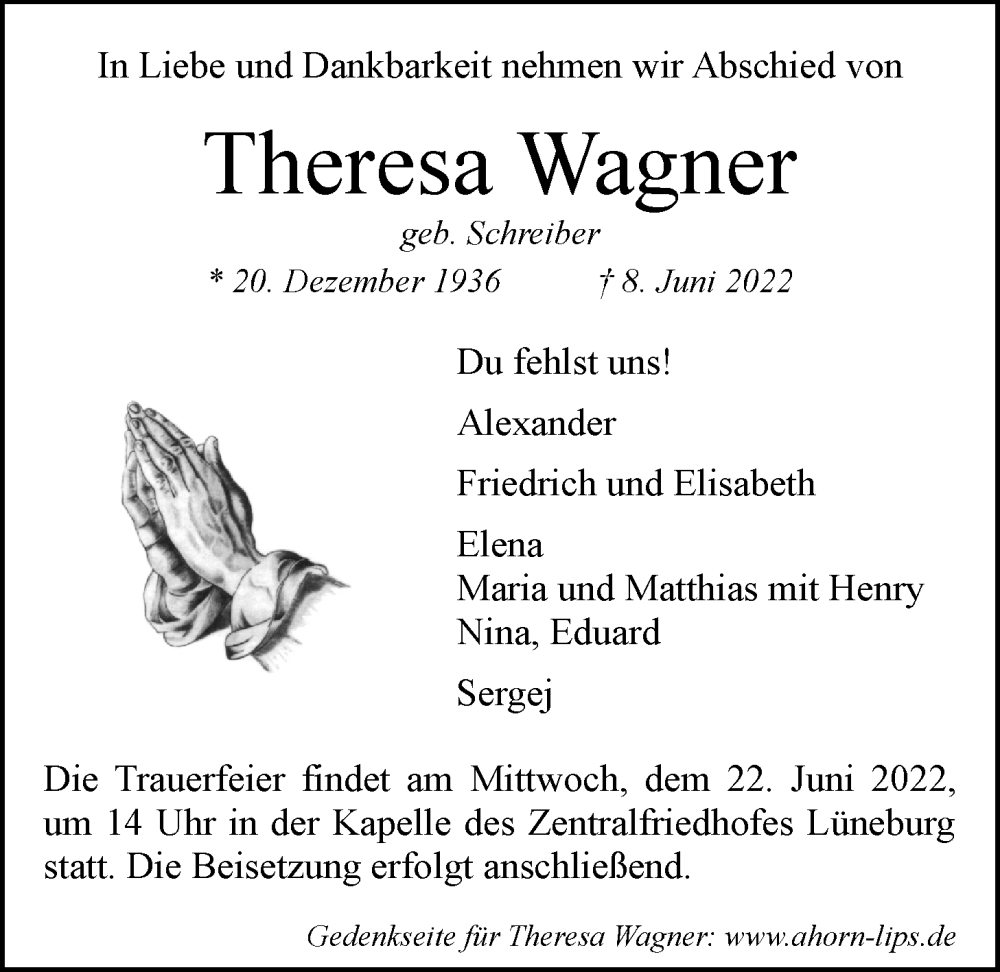  Traueranzeige für Theresa Wagner vom 18.06.2022 aus LZ