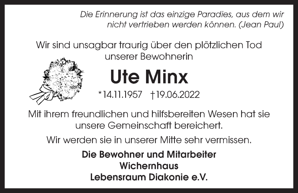  Traueranzeige für Ute Minx vom 25.06.2022 aus LZ