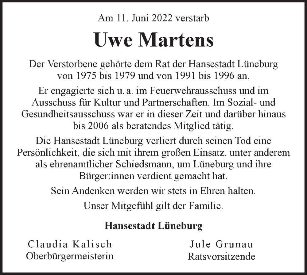  Traueranzeige für Uwe Martens vom 18.06.2022 aus LZ