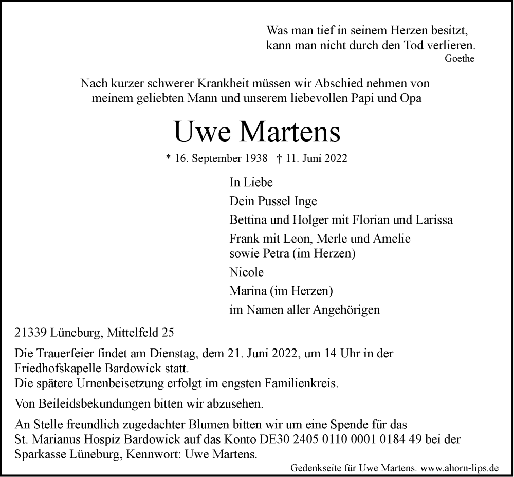  Traueranzeige für Uwe Martens vom 18.06.2022 aus LZ