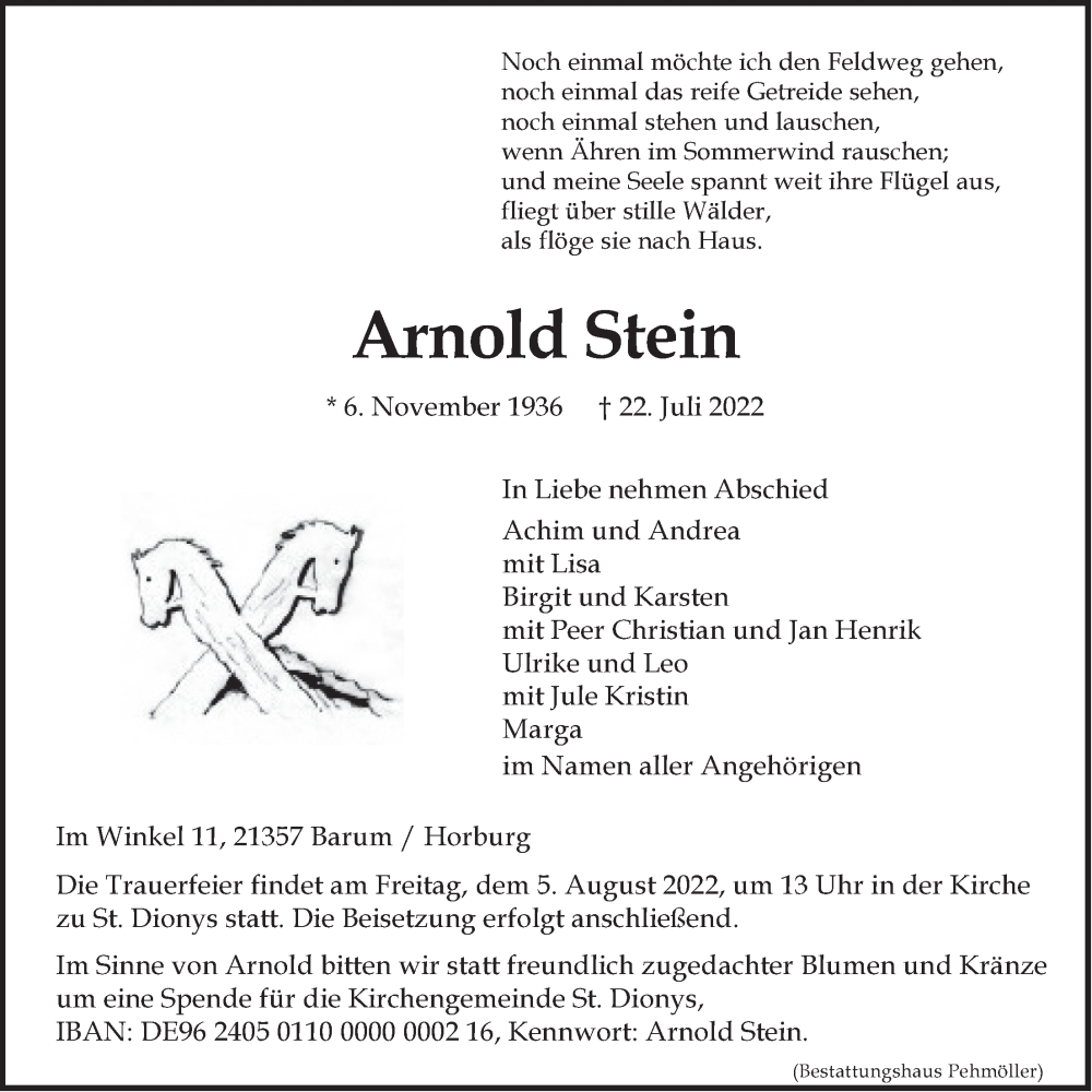  Traueranzeige für Arnold Stein vom 30.07.2022 aus LZ