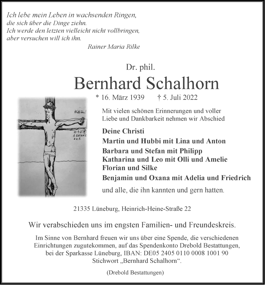  Traueranzeige für Bernhard Schalhorn vom 09.07.2022 aus LZ