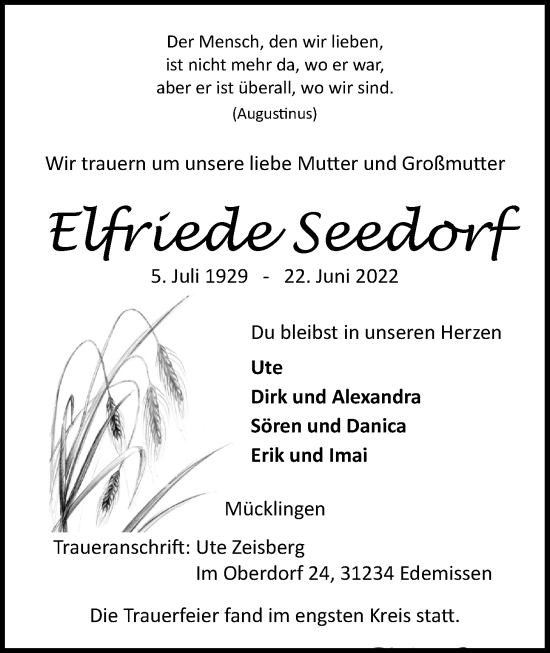 Anzeige von Elfriede Seedorf von LZ