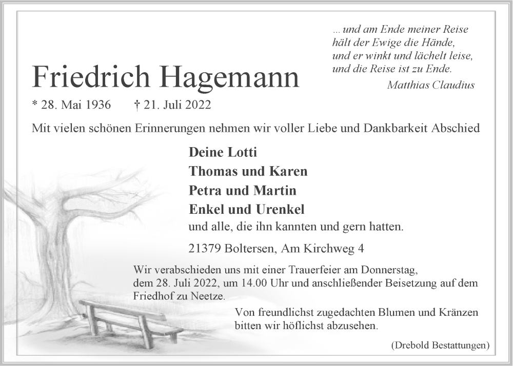  Traueranzeige für Friedrich Hagemann vom 25.07.2022 aus LZ