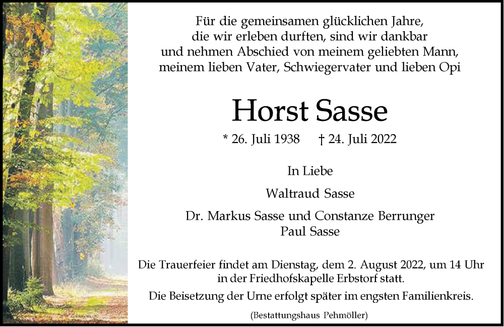  Traueranzeige für Horst Sasse vom 30.07.2022 aus LZ