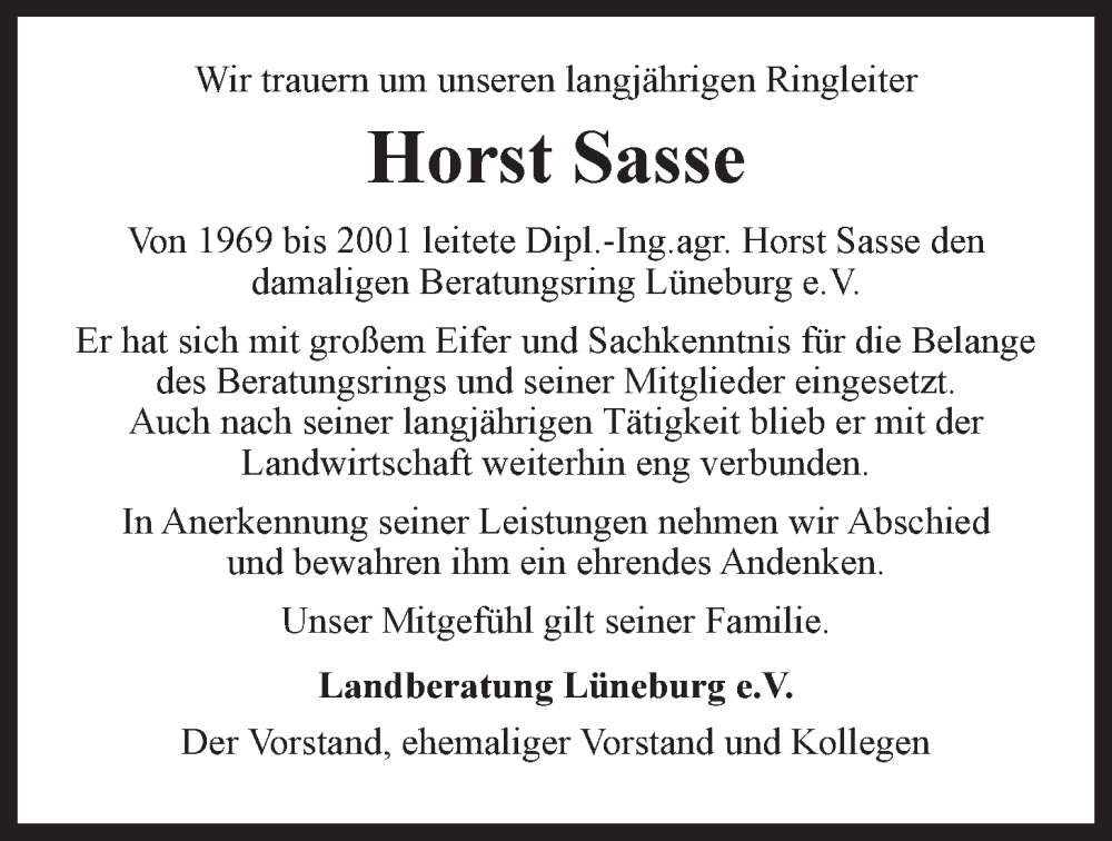  Traueranzeige für Horst Sasse vom 30.07.2022 aus LZ